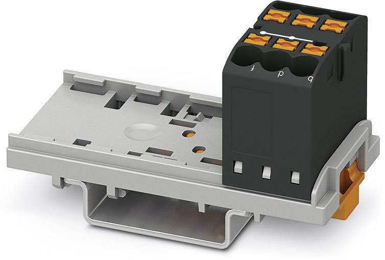 Ein elektrischer Steckverbinder mit schwarzem Korpus und orangenen Hebeln auf einer grauen Halterung.