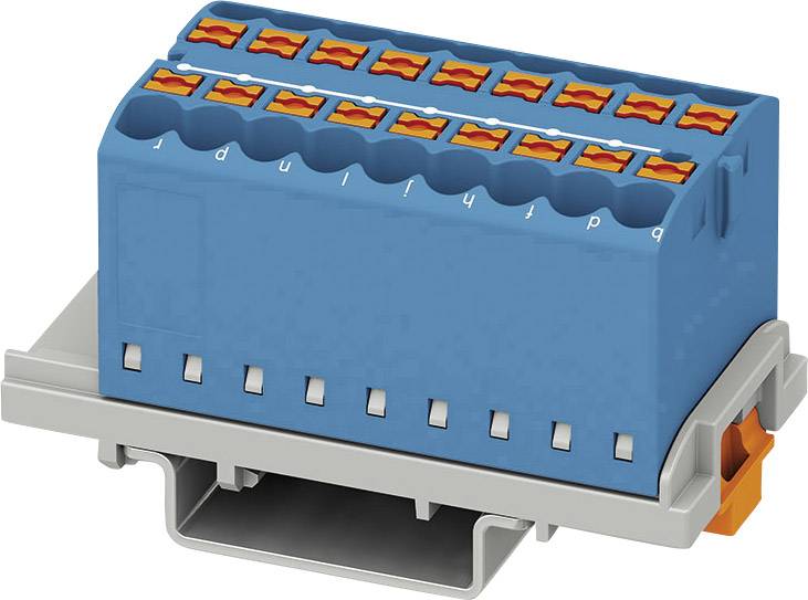 Ein blauer elektrischer Steckverbinder mit orangenen Klemmen auf einem grauen Sockel, geeignet für Verdrahtung von elektrischen Leitungen.