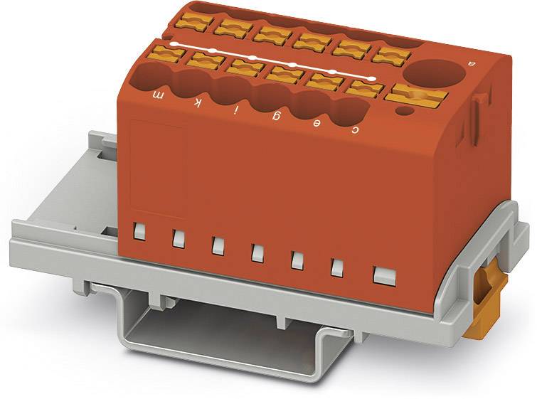 Ein roter modularer Anschlussblock auf einer grauen Montageschiene, geeignet für die Installation elektrischer Verbindungen.