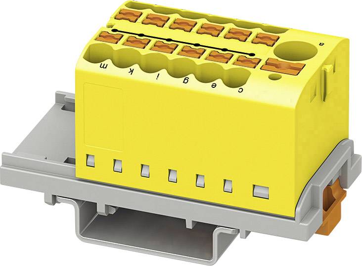 Gelbes Klemmenmodul mit mehreren Anschlüssen auf einer grauen Hutschiene montiert, geeignet für elektrische Verdrahtung.