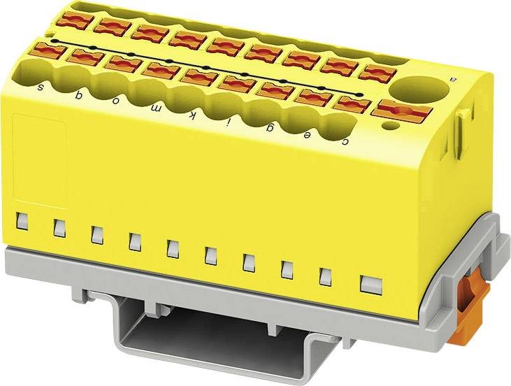 Gelber elektrischer Steckverbinderblock mit mehreren Anschlussklemmen. Enthält Beschriftungen mit Buchstaben von s bis t.