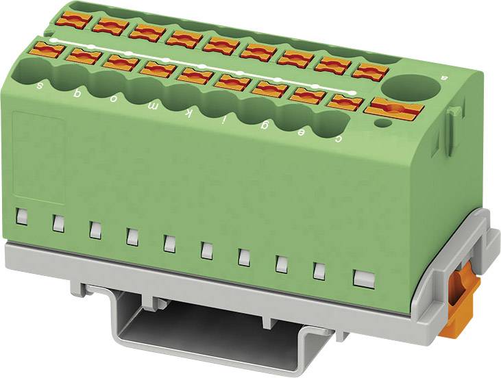 Grüner elektrischer Steckverbinderblock mit orangen Hebeln und Beschriftung von a bis s, montiert auf grauem Sockel.