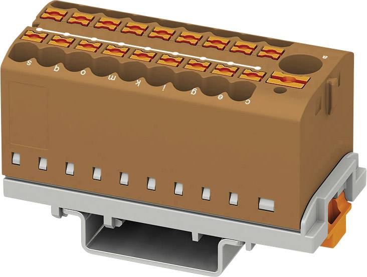 'Brauner Steckverbinder' für elektrische Anwendungen mit mehreren Anschlüssen und orangefarbenen Klemmen, montiert auf einem grauen Adapter.