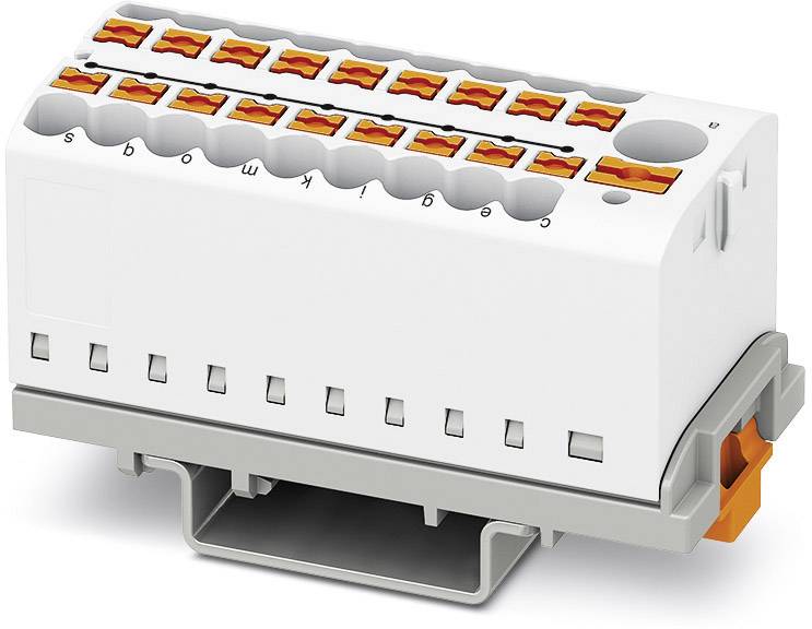 Eine weiße elektrische Klemme mit orangen Hebeln zur sicheren Verbindung von Kabeln auf einer grauen Montagenschiene.