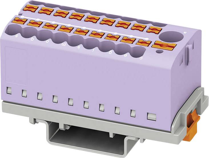 Lila Klemmblock mit orangefarbenen Hebeln, verwendet in der Elektrotechnik zum sicheren Anschluss von Drähten, auf grauer Basis.