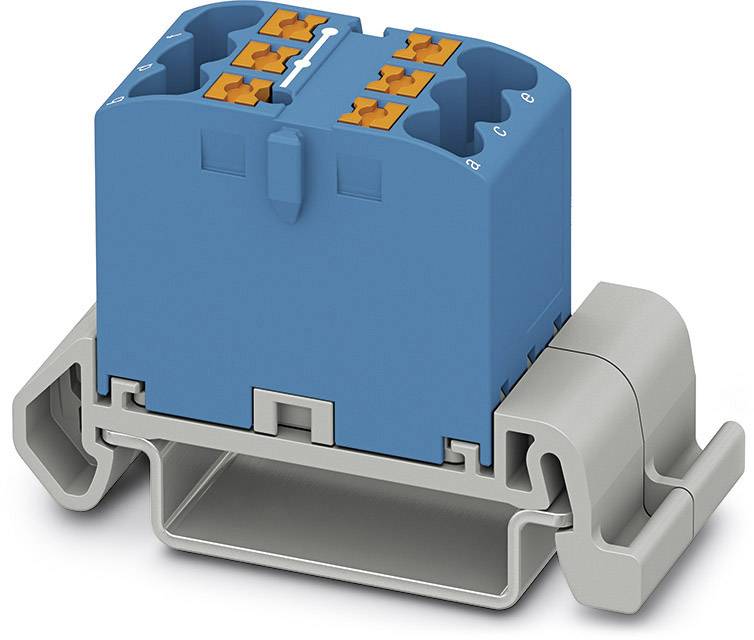 Eine blaue und graue Klemmenleiste auf einer Hutschiene, geeignet für elektrische Verdrahtung mit mehreren Anschlussmöglichkeiten.