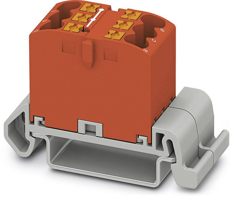Eine rote Steckverbindung auf einer grauen Tragschiene. Sie hat mehrere Steckplätze und ist für die elektrische Verdrahtung gedacht.