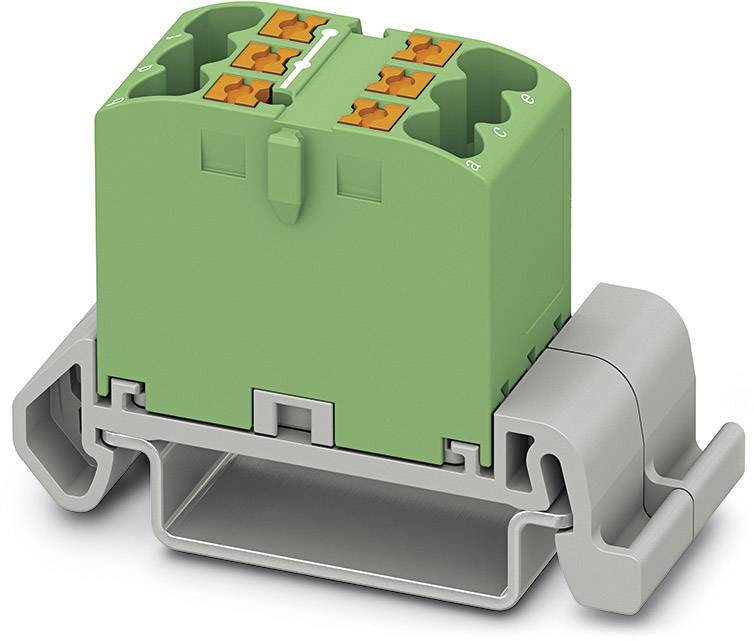 Ein grünes elektrisches Anschlussgerät auf einer grauen Halterung, mit mehreren Anschlussklemmen, für industrielle Anwendungen.