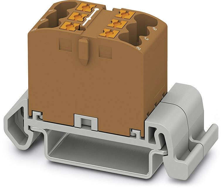 Ein brauner elektrischer Steckverbinder auf einer grauen Befestigungshalterung, geeignet für industrielle Anwendungen.