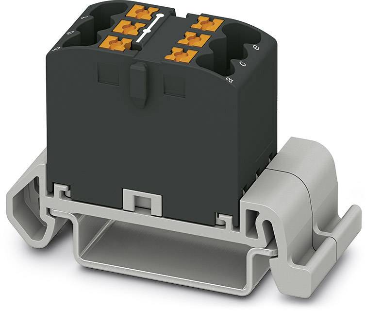 Ein schwarzer elektrischer Steckverbinder auf einem grauen Befestigungsclip, geeignet für die Befestigung auf einer DIN-Schiene.