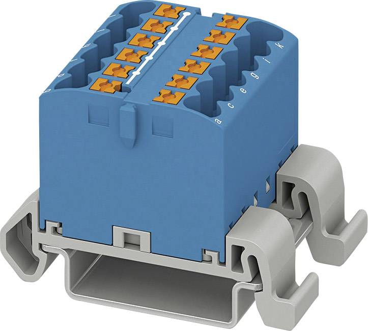 Ein blauer, modularer elektrischer Steckverbinder mit grauem Gehäuse, passend für Hutschienenmontage, mit mehreren Anschlüssen.