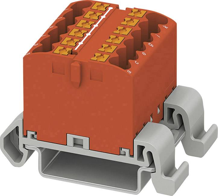 Ein rotes Steckverbindungselement auf einer grauen Montagehalterung, das für die Befestigung und Verbindung von elektrischen Drähten dient.