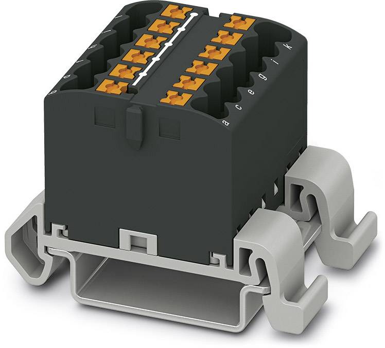 Schwarzer elektrischer Steckverbinder mit orangen Klemmen auf grauer Montagehalterung.
