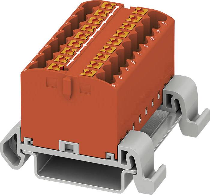 Rote elektrische Klemmleiste mit orangefarbenen Kontakten, montiert auf grauem Träger.