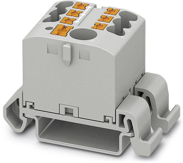 Grauer elektrischer Steckverbinder mit orangefarbenen Klemmen zum Verbinden von Drähten. Geeignet für Hutschienenmontage.
