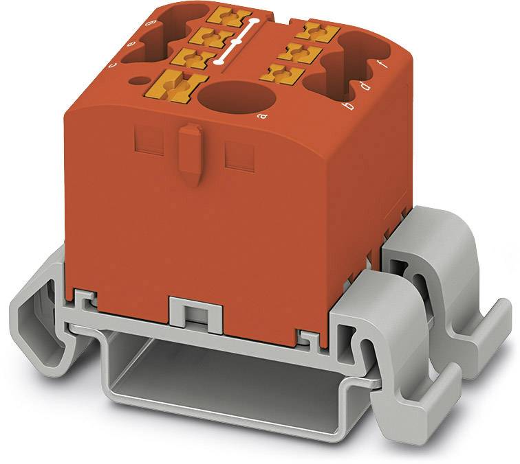 Mechanisches Bauteil: Roter Verbinder auf grauem Sockel, vermutlich für elektrische Anwendungen.