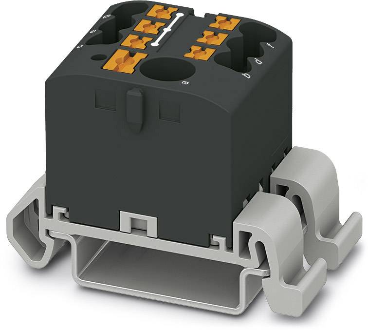Schwarzes elektrisches Klemmengehäuse mit orangen Anschlussklemmen auf einer grauen Halterung.