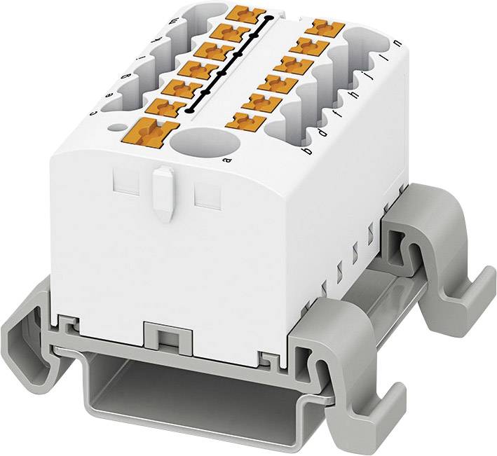 Mehrpoliger elektrischer Steckverbinder mit orangefarbenen Hebeln auf einer grauen Halterung, zur sicheren Kabelverbindung.