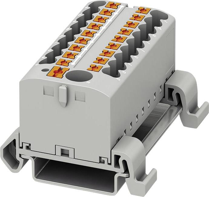 Ein grauer, mehrpoliger Reihenklemmenblock mit orangefarbenen Drückern auf einer Tragschiene, für elektrische Verbindungen geeignet.