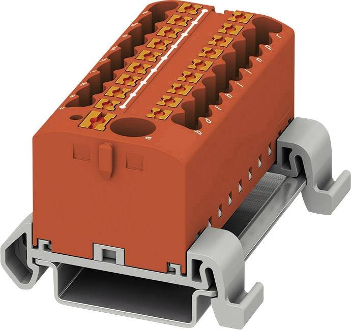 Rote, rechteckige elektrische Klemme mit mehreren Anschluss-Clips auf grauer Basis, für industrielle Anwendungen oder Verdrahtung.