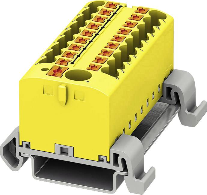 Gelbes Anschlussklemmenmodul auf grauer Halterung, mit mehreren Anschlussöffnungen und roten Hebeln, verwendet für elektrische Verbindungssysteme.