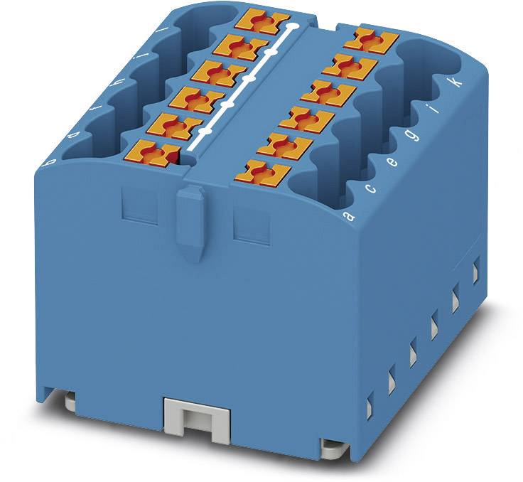Blaues Steckmodul mit mehreren orangefarbenen Anschlüssen, geeignet zur Verdrahtung in elektrischen und elektronischen Schaltsystemen.
