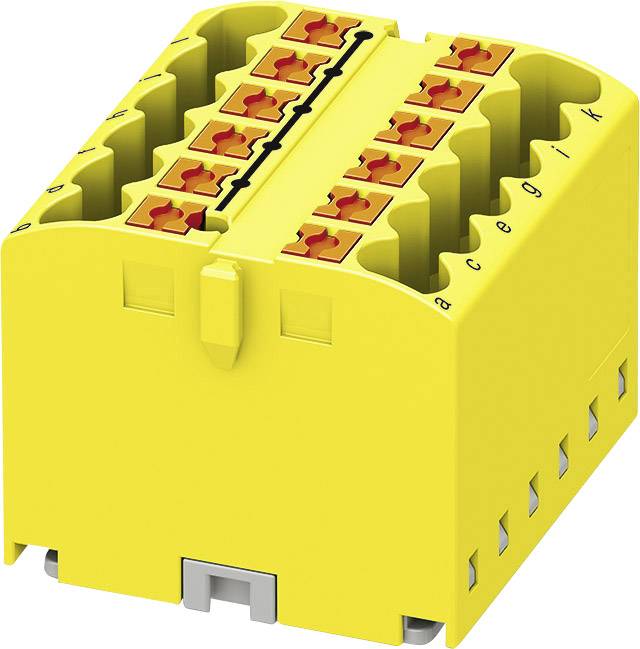 Gelbes Steckmodul mit mehreren Anschlüssen, nummeriert von a bis g, zur elektrischen Verbindung und Montage auf einer Hutschiene.