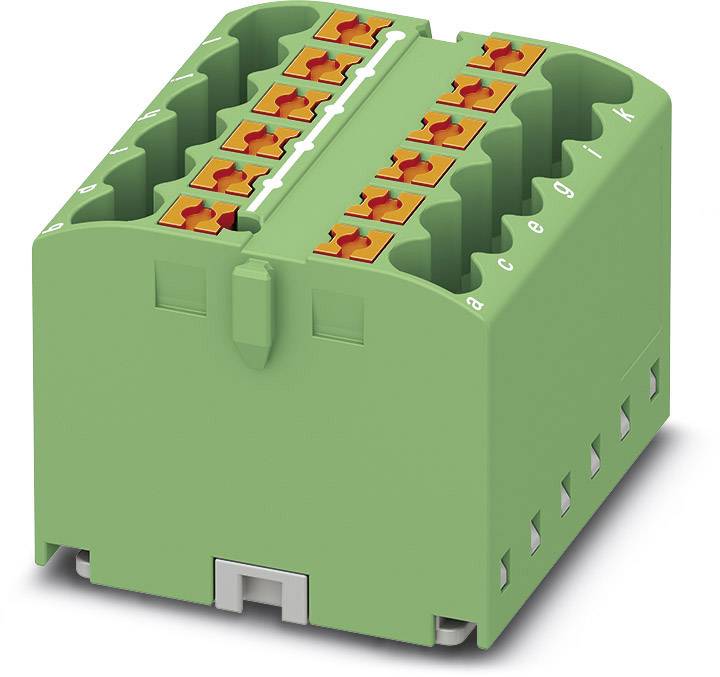 Grüner elektronischer Steckverbinder mit orangen Klemmhebeln, verwendet zur Verdrahtung in elektrischen Installationen.