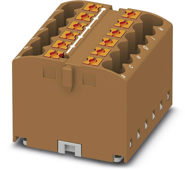 Brauner elektrischer Steckverbinder mit mehreren Steckplätzen und orangefarbenen Klemmen oben, zur Verwendung in Schaltkreisen.