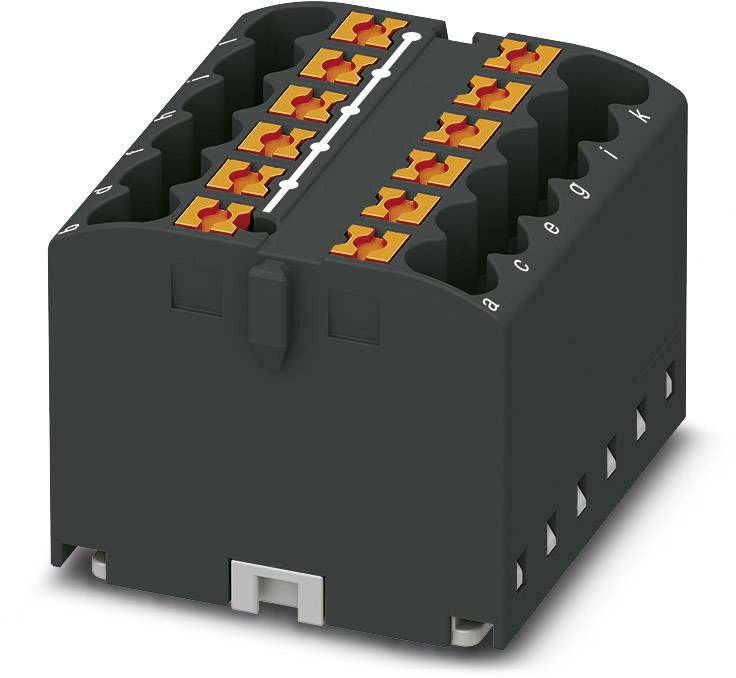 Ein schwarzes elektrisches Anschlussmodul mit mehreren orangefarbenen Anschlüssen oben, geeignet für die Montage in Schaltschränken.