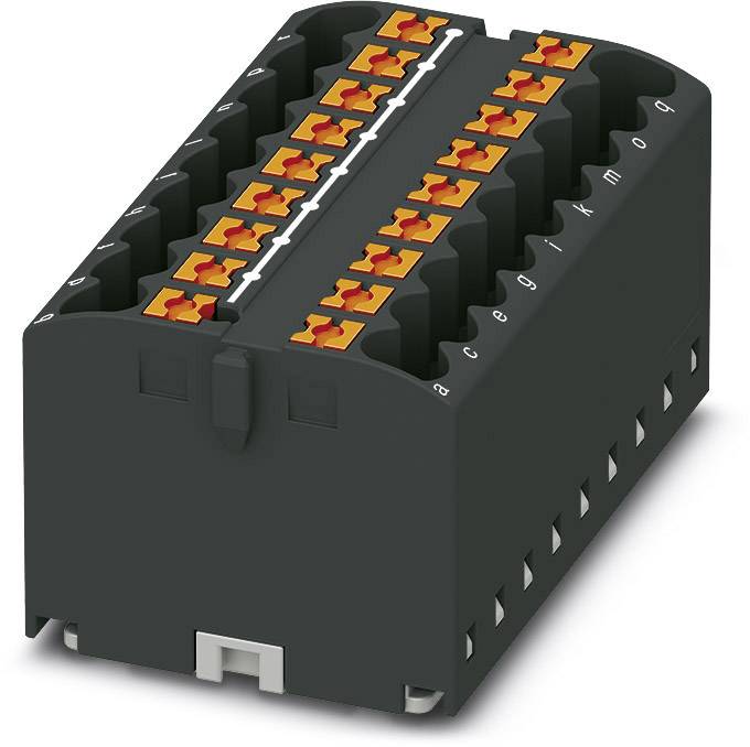 Ein schwarzer elektronischer Steckverbinder mit orangefarbenen Klemmen, geeignet für die Montage in industriellen Steuerungssystemen.