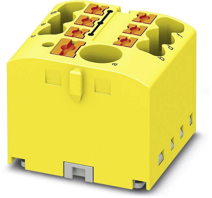 Gelbes elektrisches Anschlussmodul mit mehreren Anschlusspunkten und Schraubklemmen, gekennzeichnet mit den Buchstaben 'a' und 'b'.
