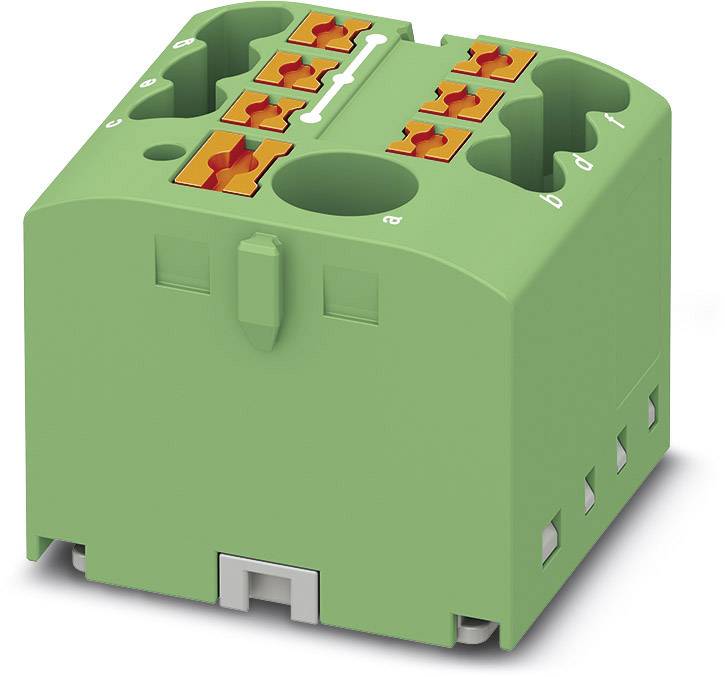 Grüner Elektroklemmeblock mit acht orangefarbenen Anschlussklemmen, geeignet für die elektrische Verbindung und Verdrahtung.