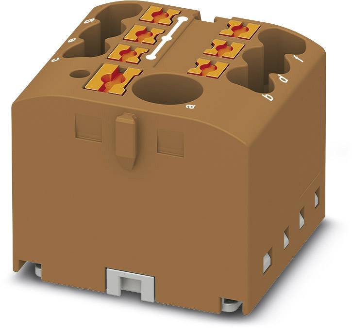 Brauner elektrischer Steckverbinder mit mehreren Anschlussstellen auf der Oberseite und geprägten Markierungen.