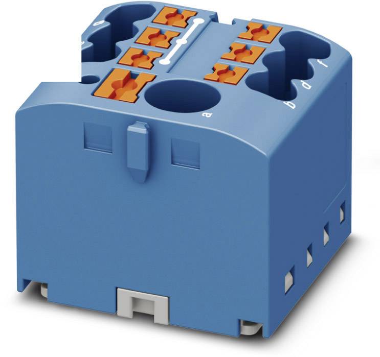 Ein blauer, würfelförmiger elektrischer Steckverbinder mit mehreren orangefarbenen Klemmen und Anschlüssen.