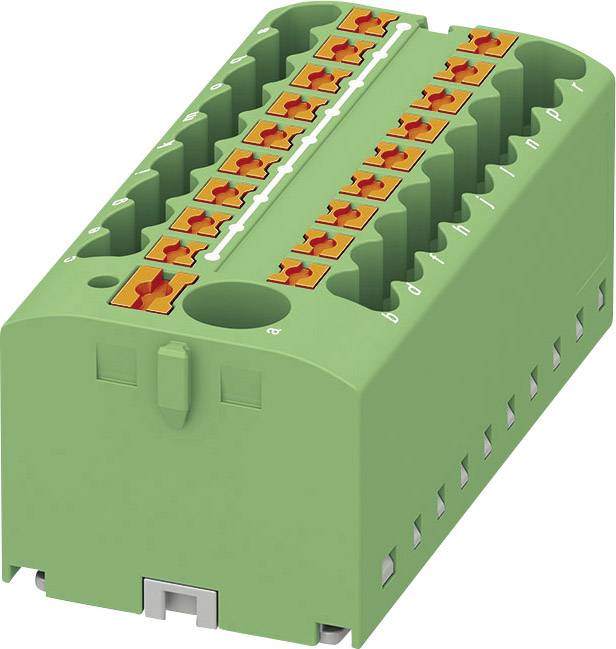 Grüner elektrischer Steckverbinderblock mit orangefarbenen Klemmen, geeignet für industrielle Anwendungen und Verdrahtung.