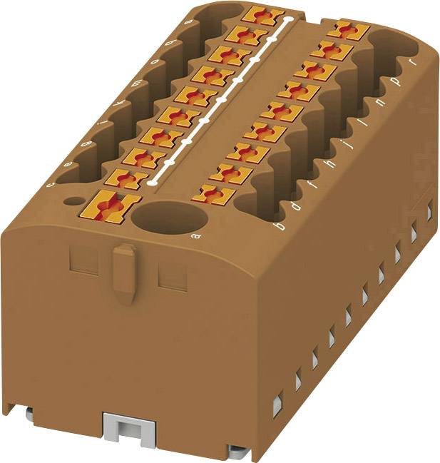 Brauner elektrischer Steckverbinder mit mehreren orangefarbenen Anschlüssen, geeignet für Verkabelungen in technischen Anwendungen.