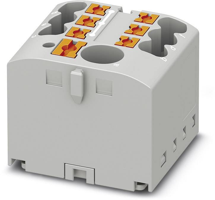 Elektronische Steckverbindungseinheit mit mehreren orangefarbenen Klemmplätzen auf grauem Kunststoffgehäuse.