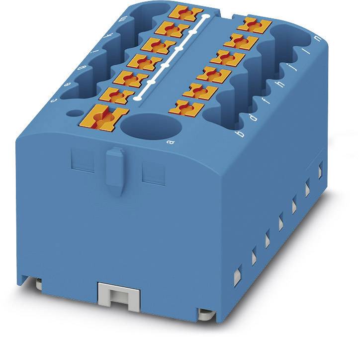 Ein blauer, rechteckiger elektrischer Steckverbinder mit mehreren orangefarbenen Anschlussklemmen, die für Drahtverbindungen geeignet sind.