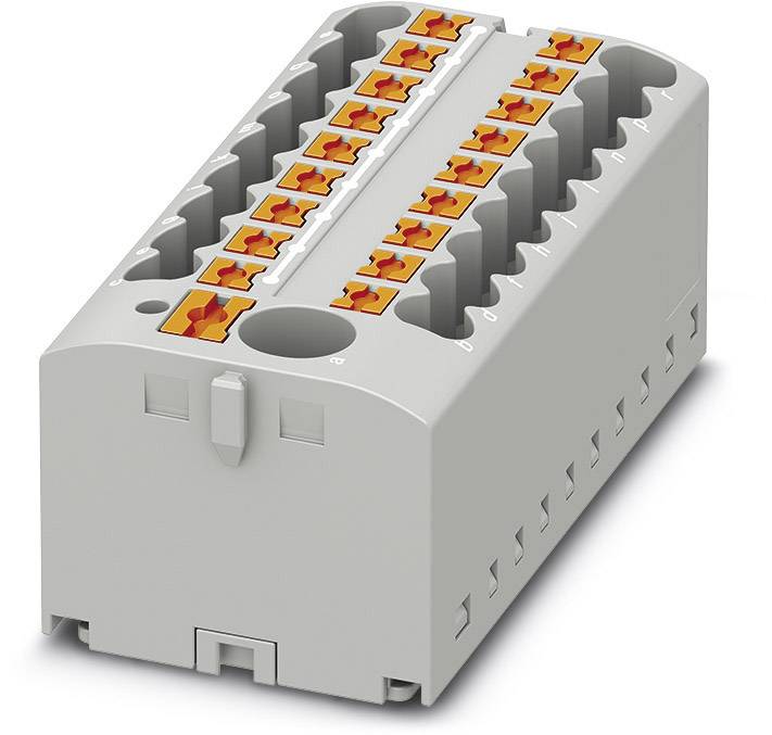 Ein rechteckiger, grauer elektrischer Anschlussblock mit mehreren orangefarbenen Klemmen in zwei Reihen, zur Verdrahtung von Kabeln.