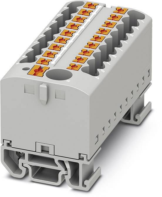 Grauer Reihenklemmenblock mit orangefarbenen Hebeln, für elektrische Verdrahtung auf DIN-Schienen.