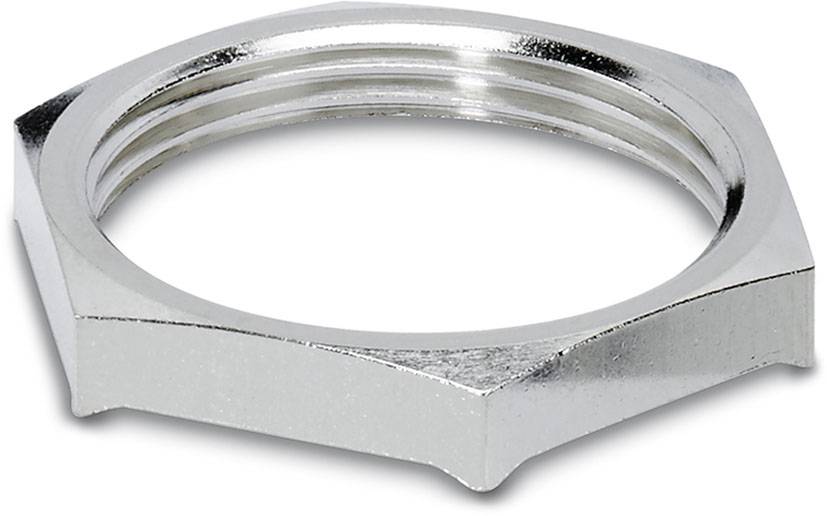 Eine silberne sechskantige Metallmutter, die auf einer hellgrauen Fläche liegt. Sie hat ein Schraubgewinde innen.
