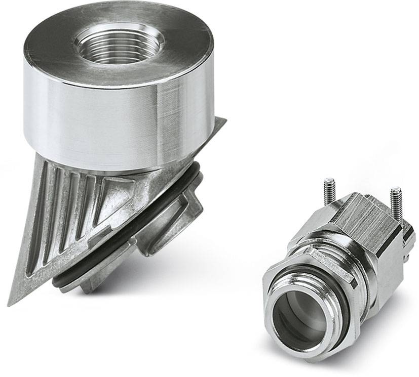 Zwei Metallteile: links ein zylindrisches Objekt mit geneigtem Sockel, rechts ein kleineres Verbindungselement mit Schrauben.