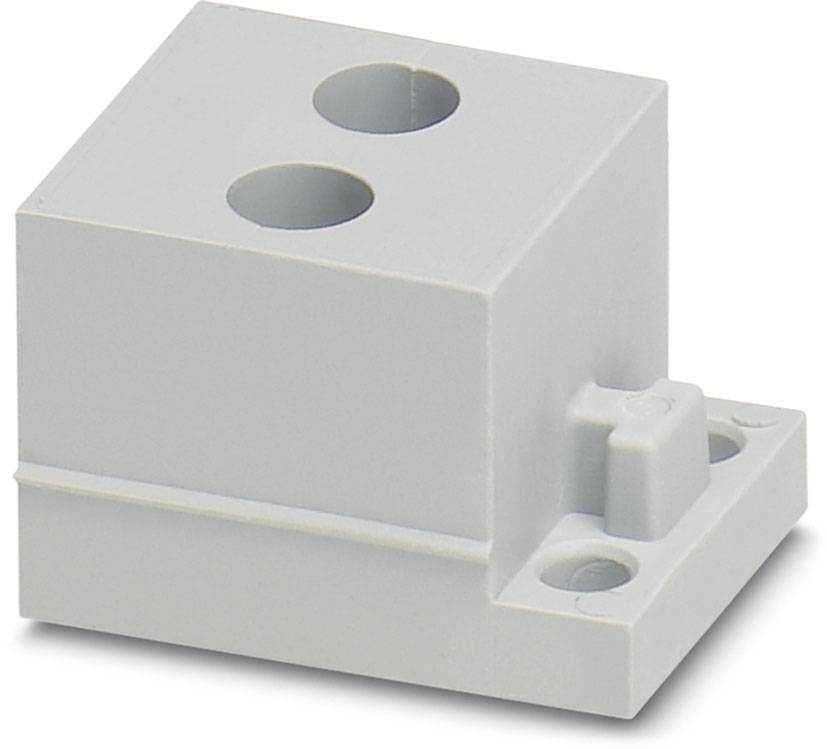 Grauer, rechteckiger Steckverbinder mit zwei runden Öffnungen oben und Montageschlitzen an der Seite, für elektrische Verbindungen.