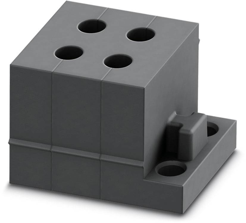 Ein schwarzes Kunststoffbauteil mit vier runden Löchern auf der Oberseite und einem kleinen, hervorstehenden Teil an der Seite.