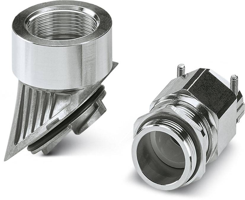 Zwei Metallverschraubungen: links ein abgewinkelter Adapter, rechts ein gerader Anschluss mit Gewinde. Sie dienen zur Rohrverbindung.