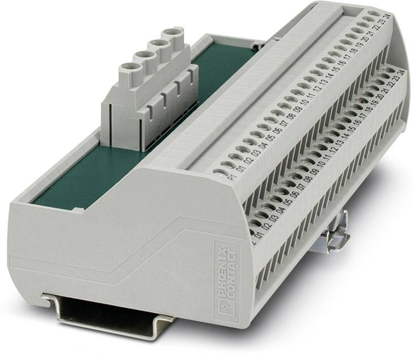 Ein grauer Reihenklemmenblock mit nummerierten Anschlüssen und einem grünen isolierten Sockel, geeignet für elektrische Verdrahtung.
