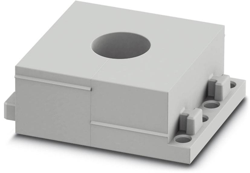 Ein graues Kunststoffbauteil mit zylinderförmiger Öffnung in der Mitte und Befestigungselementen an einer Seite.