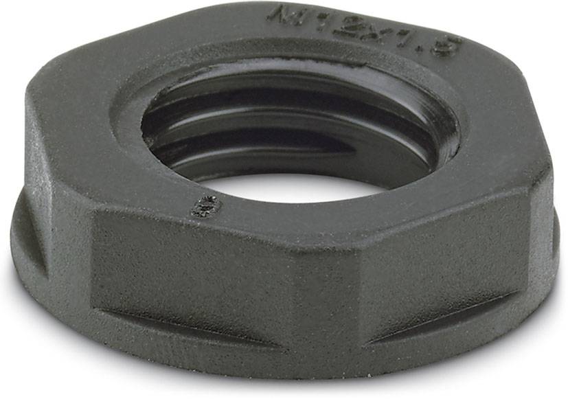 Sechskantmutter aus Metall mit schwarzer Oberfläche, gewindet zur Befestigung an Bolzen oder Schrauben.