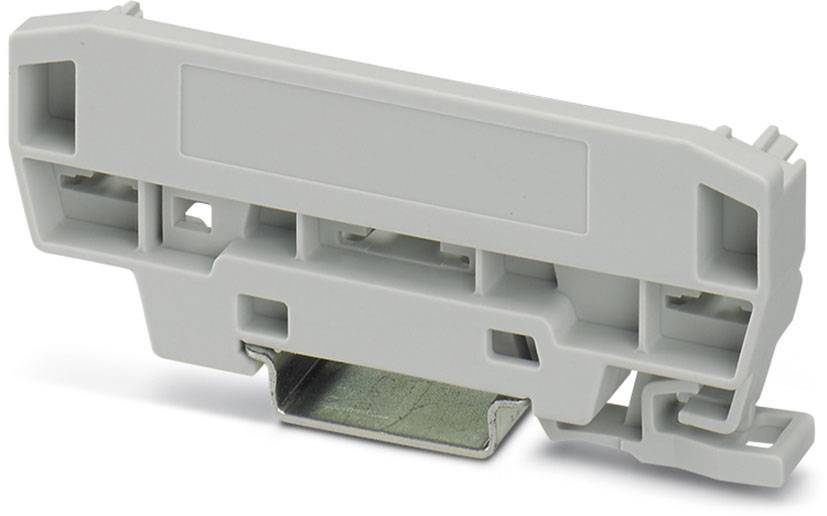 Graue Endhalterung aus Kunststoff mit Metallklammer zur Befestigung von elektronischen Bauteilen auf einer Tragschiene.